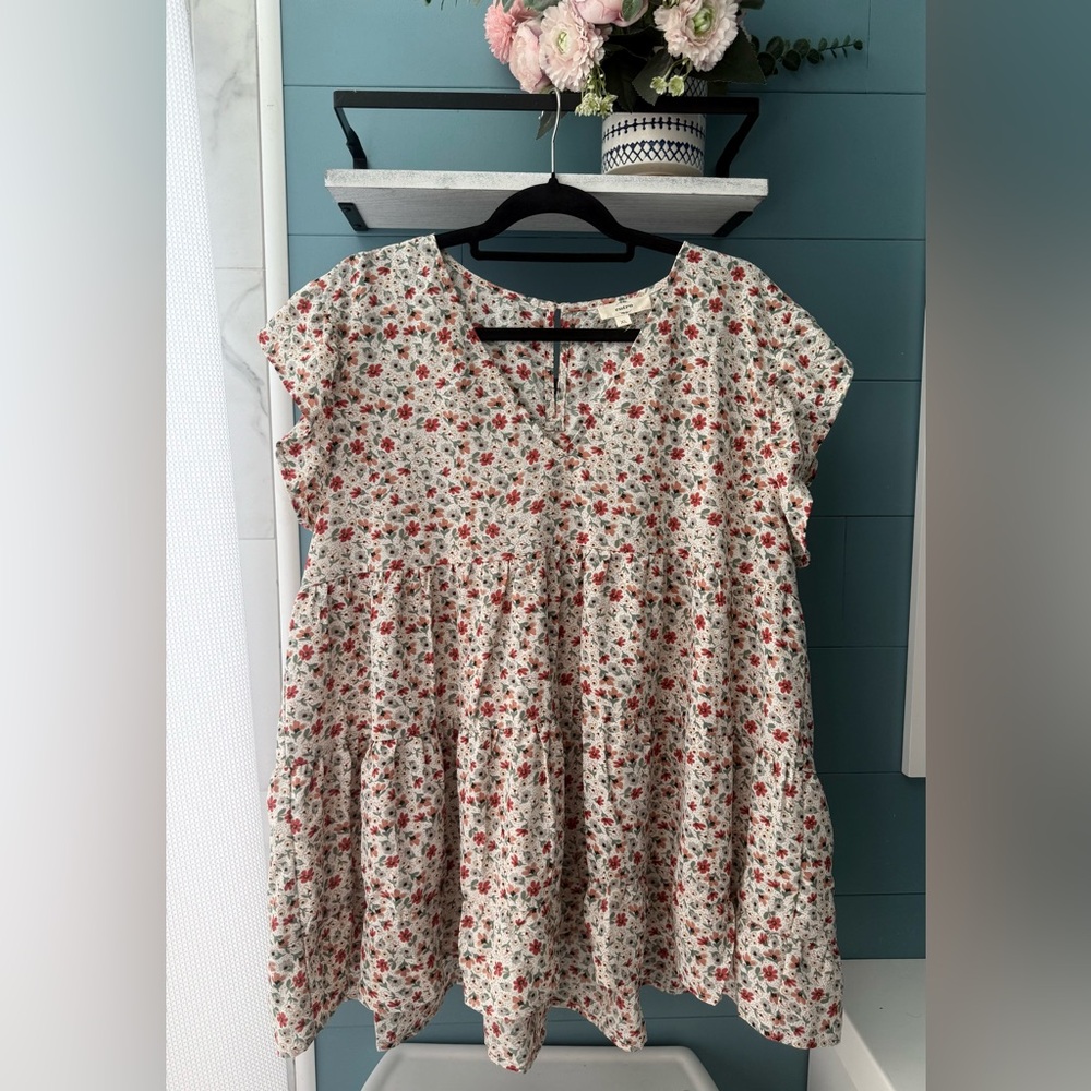 Entro Floral Babydoll Top XL Tiered Boho Blouse Cream Red